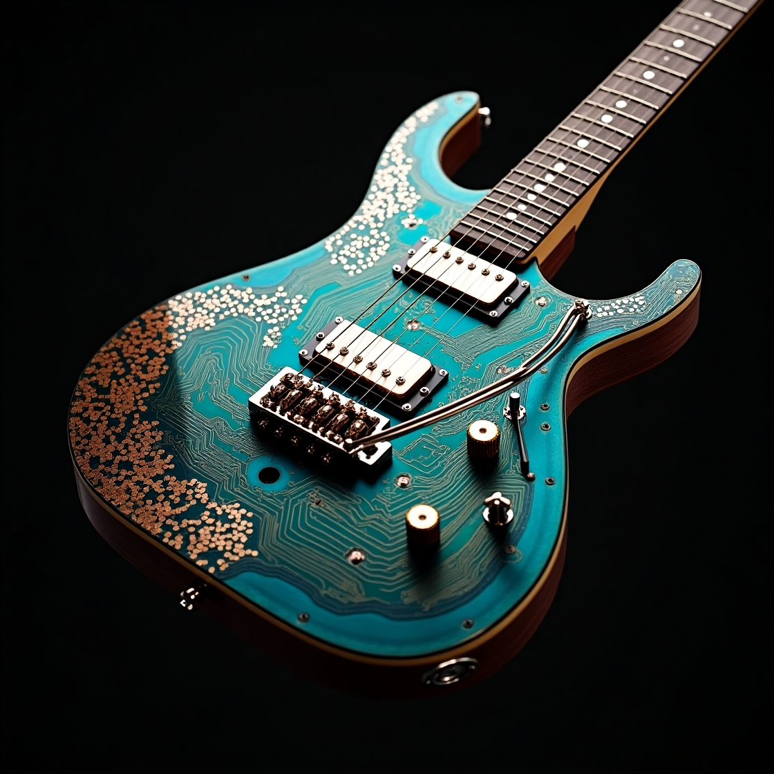 Jane playing guitar with a motherboard background