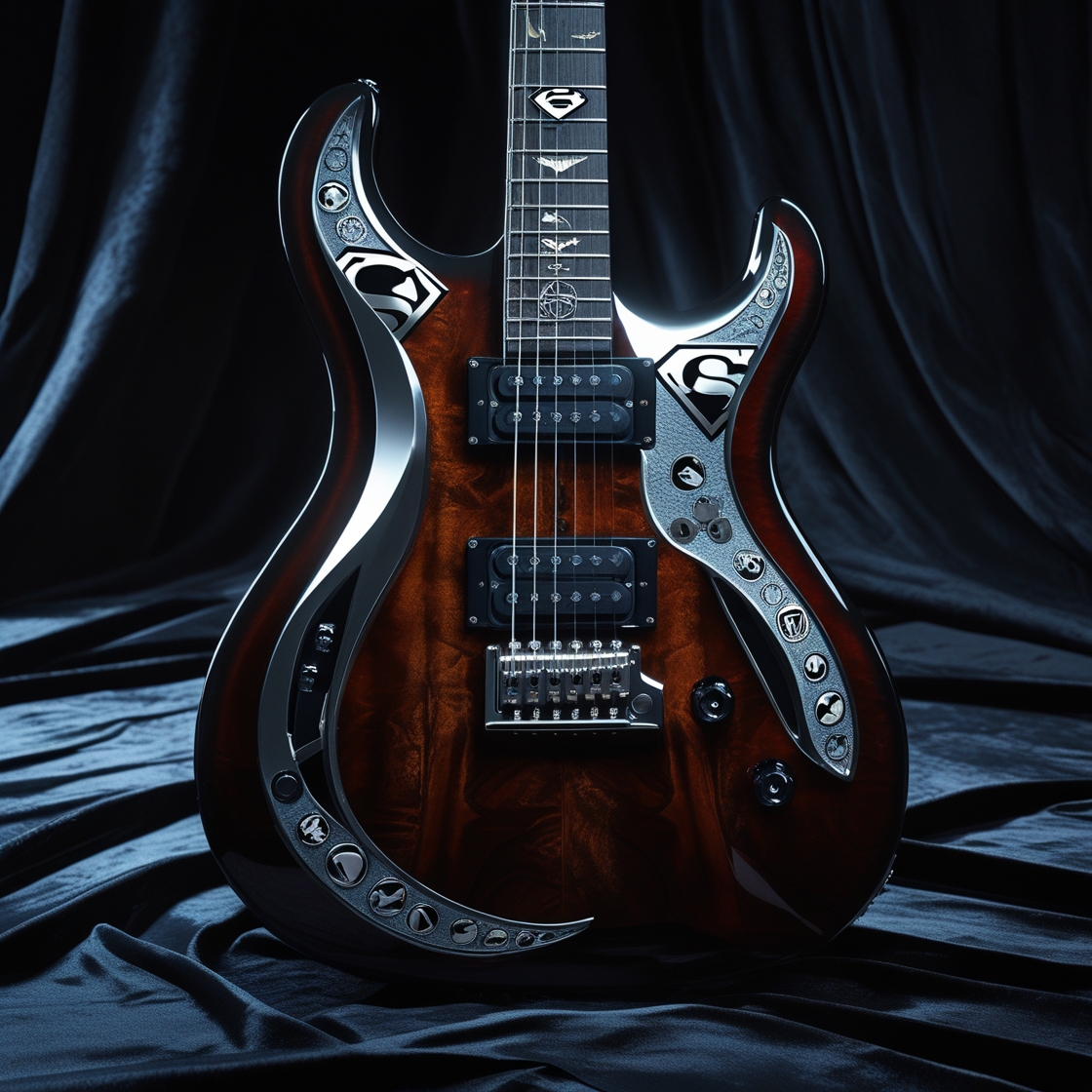 Jane dressed as a superhero playing guitar